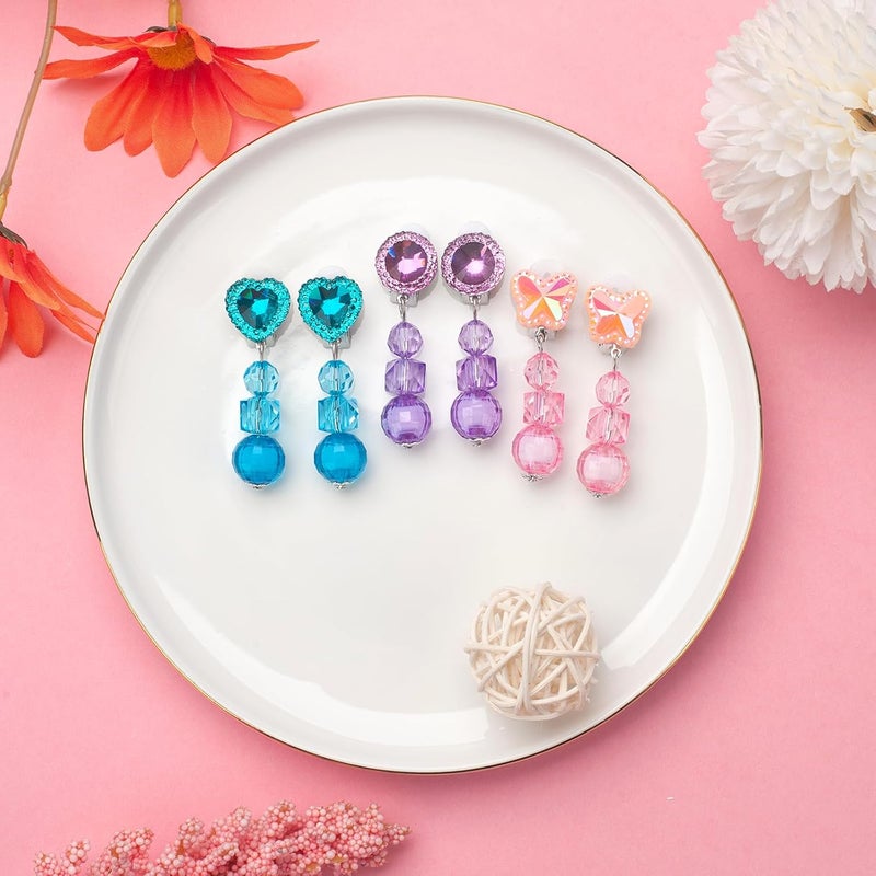 ERDOGLY 9 Pairs Girls Clip on Earrings, Kids Clip on Earrings for Girls, Cute Toddler Earring Dress up Party Favor, Dangle Stick on Earring for Little Girl Princess Play Jewelry Set - Image 3